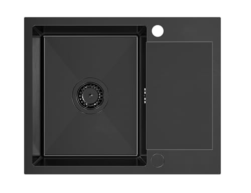 VBChome Edelstahlspüle Schwarz 60 x 48 cm – Einbauspüle aus dicker Edelstahl, Großes Becken mit Abtropffläche, 2 Löcher, inkl. Siphon Schwarz – Küchenspüle von VBChome