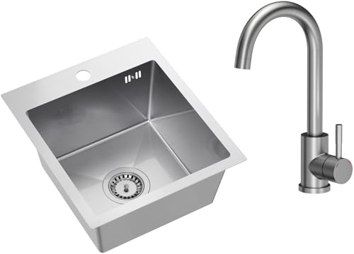 VBChome Edelstahlspüle mit Armatur 40 x 45 cm Gebürsteter Edelstahl Einbauspüle mit Hahnloch Edelstahl Küchenspüle Spüle Groß Becken Ablaufgarnitur Siphon Edelstahlspüle Gebürstet mit Armatur Inox von VBChome
