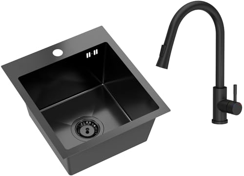 VBChome Edelstahlspüle mit Armatur 40 x 45 cm Schwarz Edelstahl Einbauspüle mit Hahnloch Küchenspüle Spüle Groß Becken Ablaufgarnitur Siphon Edelstahlspüle Mattschwarze Armatur ausziehbarem Auslauf von VBChome