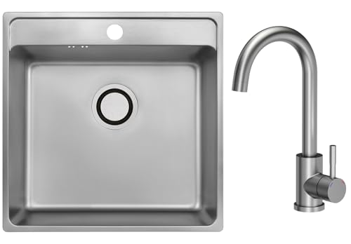 VBChome Edelstahlspüle mit Armatur 49 x 48 x 21 cm Inox Glatt Edelstahl Einbauspüle mit Hahnloch Küchenspüle Spüle Groß Becken Siphon Edelstahlspüle Armatur Inox von VBChome