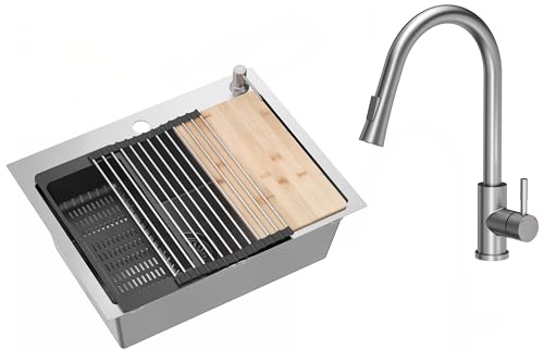 VBChome Edelstahlspüle mit Armatur 58 x 45 cm Gebürsteter Edelstahl Zubehörset Spender Schneidbrett Rollmatte Faltbarer Abtropfständer Einbauspüle mit Zwei Löcher Siphon von VBChome