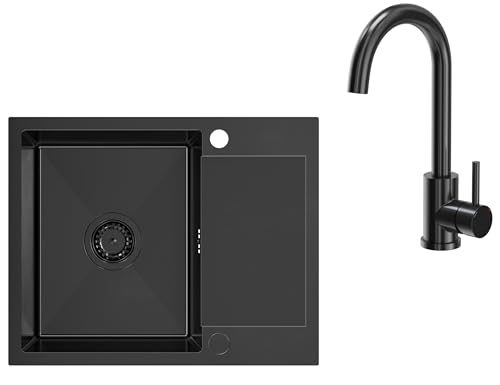 VBChome Edelstahlspüle Schwarz mit Armatur 60 x 48 cm Einbauspüle Komplettset Großes Becken mit Abtropffläche, Zwei Löcher Robuste und Kratzfeste Küchenspüle aus Edelstahl mit Siphon – Top-Qualität von VBChome
