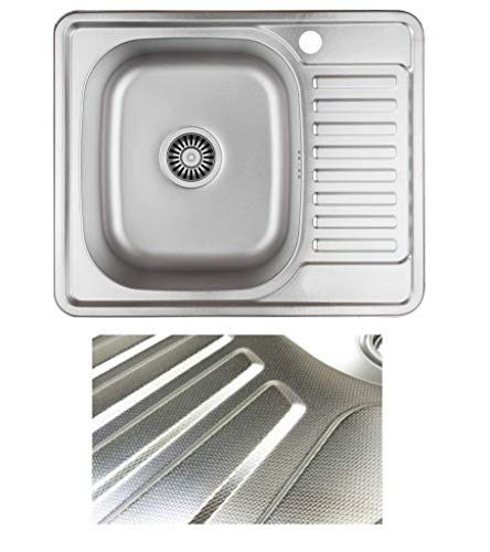 VBChome Einbauspüle 58x48 Leinenstruktur ab 45er Unterschrank Edelstahl Küchenspüle Spüle Ablagefläche Abtropffläche Rechts eckiges Camping Ablaufgarnitur Siphon von VBChome