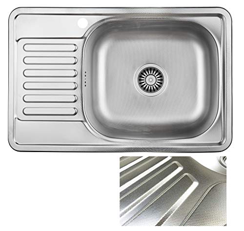 VBChome Einbauspüle 66x42 Leinenstruktur Edelstahl Küchenspüle mit Hahnloch Spüle Ablagefläche Abtropffläche Links eckiges Camping Ablaufgarnitur Siphon von VBChome