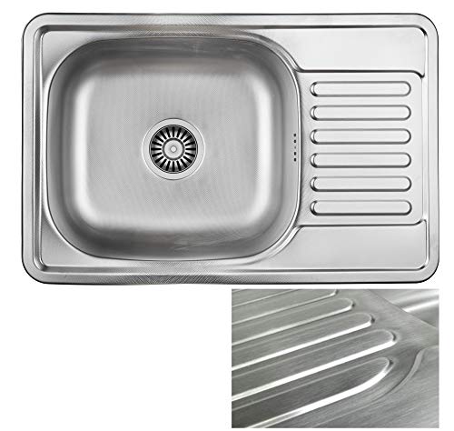 VBChome Einbauspüle 66x42 Satinstruktur Edelstahl Küchenspüle Spüle Ablagefläche Reversibel Abtropffläche eckiges Camping Ablaufgarnitur Siphon von VBChome
