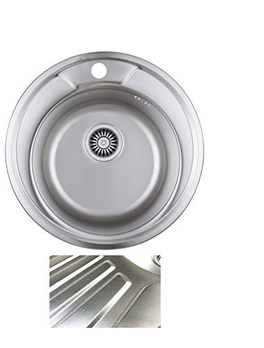 VBChome Rundspüle Ø 49 cm mit Hahnlochbohrung – Einbauspüle Edelstahl Inox Leinenstruktur – ab 45 cm Unterschrank – inkl. Ablaufgarnitur & Siphon – für Küche & Camping von VBChome