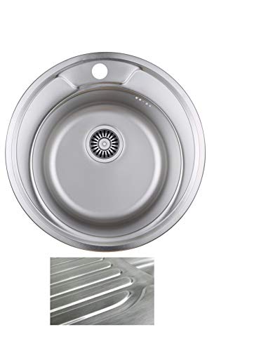 VBChome Einbauspüle fi 490 mm Satinstruktur ab 45er Unterschrank Edelstahl Küchenspüle Rund Spüle Ablagefläche Abtropffläche Camping Ablaufgarnitur Siphon mit Hahnlochbohrung von VBChome
