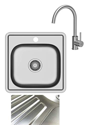 VBChome Einbauspüle mit Armatur 48x48 Leinenstruktur ab 45er Unterschrank Edelstahl Küchenspüle Spüle Ablagefläche Abtropffläche eckiges Camping Ablaufgarnitur Siphon Wasserhahn Inox Edelstahl von VBChome