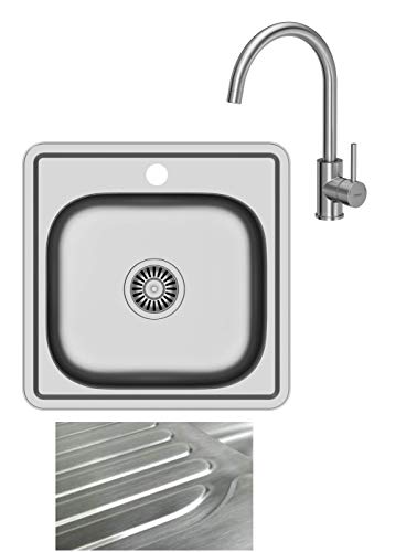 VBChome Einbauspüle mit Armatur 48x48 Satinstruktur ab 45er Unterschrank Edelstahl Küchenspüle Spüle Ablagefläche Abtropffläche eckiges Camping Ablaufgarnitur Siphon Wasserhahn Inox Edelstahl von VBChome