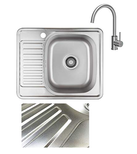 VBChome Einbauspüle mit Armatur 58x48 Leinenstruktur ab 45er Unterschrank Edelstahl Küchenspüle Spüle Ablagefläche Abtropffläche Links eckiges Camping Ablaufgarnitur Siphon Wasserhahn Inox Edelstahl von VBChome