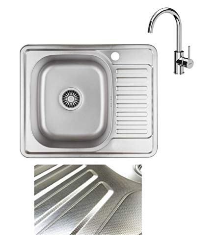 VBChome Einbauspüle mit Armatur 58x48 Leinenstruktur ab 45er Unterschrank Edelstahl Küchenspüle Spüle Ablagefläche Abtropffläche Rechts eckiges Camping Ablaufgarnitur Siphon Wasserhahn Chrom von VBChome