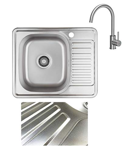 VBChome Einbauspüle mit Armatur 58x48 Leinenstruktur ab 45er Unterschrank Edelstahl Küchenspüle Spüle Ablagefläche Abtropffläche Rechts eckiges Camping Ablaufgarnitur Siphon Wasserhahn Inox Edelstahl von VBChome