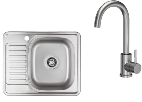 VBChome Einbauspüle mit Armatur 58x48 Satinstruktur Links Edelstahl Küchenspüle Spüle Ablagefläche Abtropffläche Ablaufgarnitur Siphon Wasserhahn Inox von VBChome