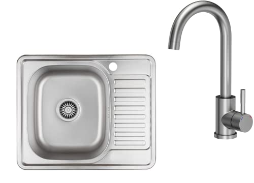 VBChome Einbauspüle mit Armatur 58x48 Satinstruktur Rechts Edelstahl Küchenspüle Spüle Ablagefläche Abtropffläche Ablaufgarnitur Siphon Wasserhahn Inox von VBChome