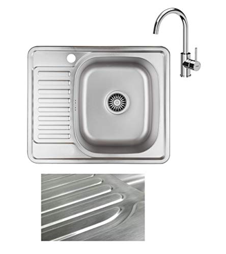 VBChome Einbauspüle mit Armatur 58x48 Satinstruktur ab 45er Unterschrank Edelstahl Küchenspüle Spüle Ablagefläche Abtropffläche Links eckiges Camping Ablaufgarnitur Siphon Wasserhahn Chrom von VBChome