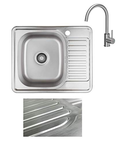 VBChome Einbauspüle mit Armatur 58x48 Satinstruktur ab 45er Unterschrank Edelstahl Küchenspüle Spüle Ablagefläche Abtropffläche eckiges Camping Ablaufgarnitur Siphon Wasserhahn Inox Edelstahl von VBChome