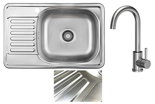 VBChome Einbauspüle 66x42 cm links aus Edelstahl Leinenstruktur mit Abtropffläche Spüle eckig für Küche Camping mit Armatur Ablaufgarnitur Siphon Wasserhahn Inox von VBChome