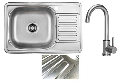 VBChome Einbauspüle 66x42 cm rechts aus Edelstahl Leinenstruktur mit Abtropffläche Spüle eckig für Küche Camping mit Armatur Ablaufgarnitur Siphon Wasserhahn Inox von VBChome