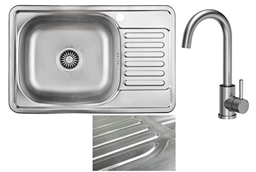 VBChome Einbauspüle 66x42 cm rechts mit Abtropffläche aus Edelstahl satin Inox mit Armatur Spüle eckig für Küche Camping mit Ablaufgarnitur Siphon Wasserhahn von VBChome