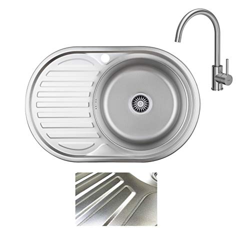 VBChome Einbauspüle mit Armatur 77x50 Leinenstruktur ab 45er Unterschrank Edelstahl Küchenspüle Spüle Ablagefläche Abtropffläche Links eckiges Camping Ablaufgarnitur Siphon Wasserhahn Inox Edelstahl von VBChome