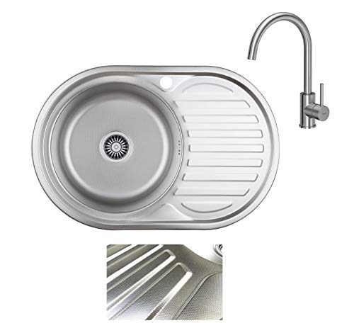 VBChome Einbauspüle mit Armatur 77x50 Leinenstruktur ab 45er Unterschrank Edelstahl Küchenspüle Spüle Ablagefläche Abtropffläche Rechts eckiges Camping Ablaufgarnitur Siphon Wasserhahn Inox Edelstahl von VBChome
