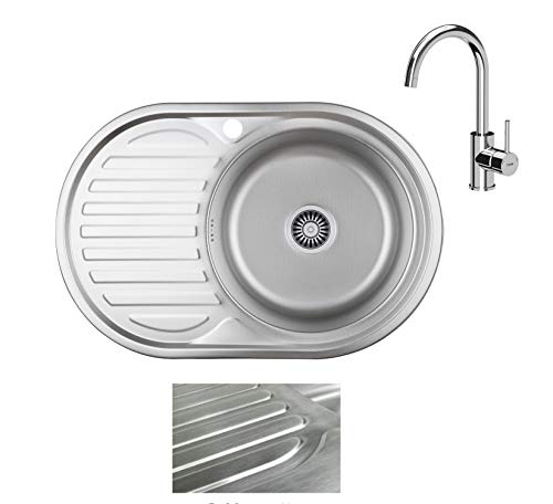 VBChome Einbauspüle mit Armatur 77x50 Satinstruktur ab 45er Unterschrank Edelstahl Küchenspüle Spüle Ablagefläche Abtropffläche eckiges Camping Ablaufgarnitur Siphon Wasserhahn Chrom von VBChome