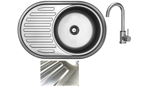 VBChome Einbauspüle mit Armatur 77x55 Leinenstruktur Edelstahl Küchenspüle Spüle Ablagefläche Links Abtropffläche Edelstahlspüle eckiges Camping Ablaufgarnitur Siphon von VBChome