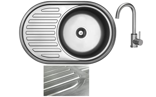 VBChome Einbauspüle mit Armatur 77x55 Satinstruktur Edelstahl Küchenspüle Spüle Ablagefläche Links Abtropffläche Edelstahlspüle eckiges Camping Ablaufgarnitur Siphon von VBChome