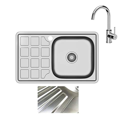 VBChome Einbauspüle mit Armatur 78x48 Leinenstruktur ab 50er Unterschrank Edelstahl Küchenspüle Spüle Ablagefläche Abtropffläche eckiges Camping Ablaufgarnitur Siphon Wasserhahn Chrom von VBChome