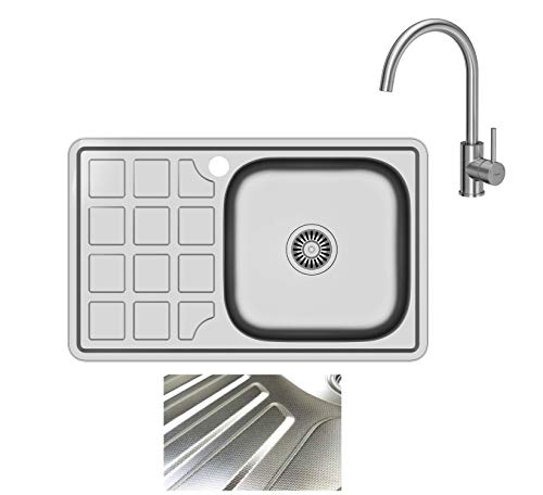 VBChome Einbauspüle mit Armatur 78x48 Leinenstruktur ab 50er Unterschrank Edelstahl Küchenspüle Spüle Ablagefläche Abtropffläche eckiges Camping Ablaufgarnitur Siphon Wasserhahn Inox Edelstahl von VBChome