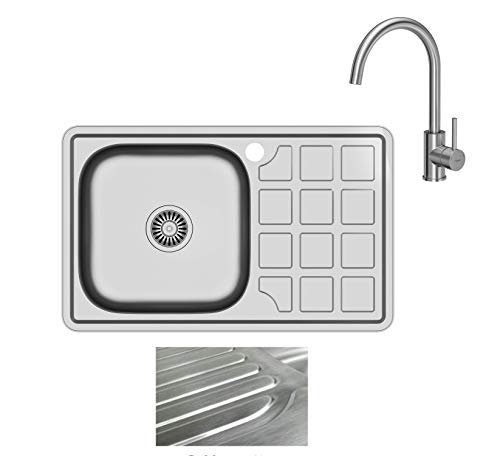 VBChome Einbauspüle mit Armatur 78x48 Satinstruktur ab 50er Unterschrank Edelstahl Küchenspüle Spüle Ablagefläche Abtropffläche eckiges Camping Ablaufgarnitur Siphon Wasserhahn Inox Edelstahl) von VBChome