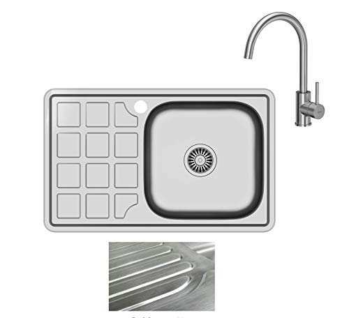 VBChome Einbauspüle mit Armatur 78x48 Satinstruktur ab 50er Unterschrank Edelstahl Küchenspüle Spüle Ablagefläche Abtropffläche eckiges Camping Ablaufgarnitur Siphon Wasserhahn Inox Edelstahl von VBChome