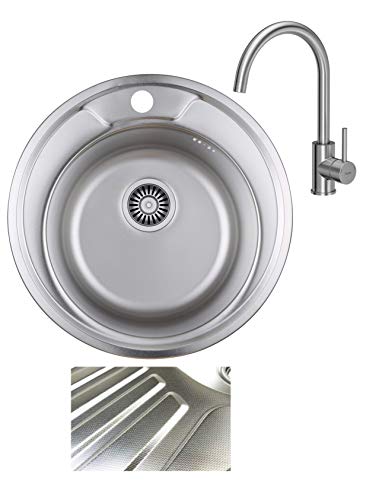 VBChome Rundspüle Ø 49 cm mit Armatur & Abtropffläche – Einbauspüle Edelstahl Inox Leinenstruktur – ab 45 cm Unterschrank – inkl. Siphon & Ablaufgarnitur – für Küche & Camping von VBChome