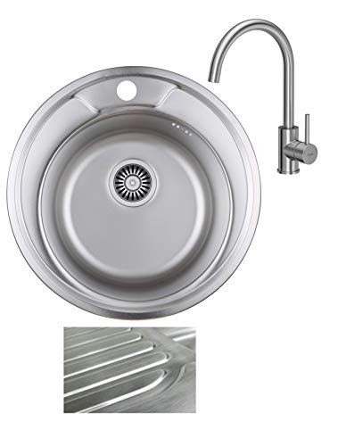 VBChome Rundspüle Ø 49 cm mit Armatur – Einbauspüle Edelstahl Inox Satin – Küchenspüle ab 45 cm Unterschrank – inkl. Siphon & Ablaufgarnitur – Spüle für Küche & Camping von VBChome
