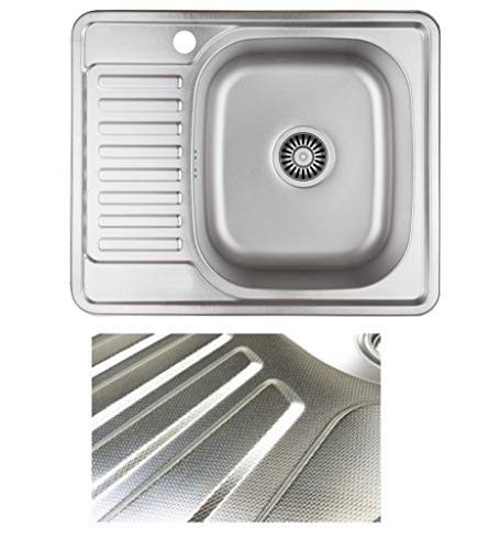 VBChome Einbauspüle58x48 Leinenstruktur ab 45er Unterschrank Edelstahl Küchenspüle Spüle Ablagefläche Abtropffläche Links eckiges Camping Ablaufgarnitur Siphon/ von VBChome