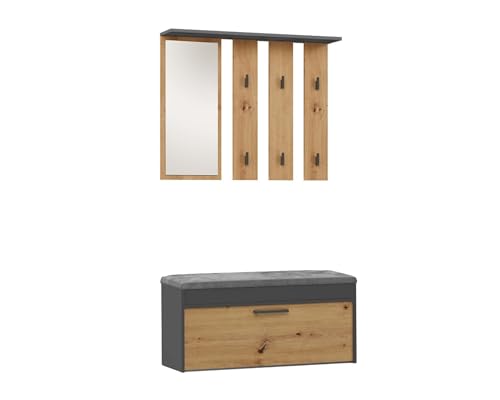 VBChome Garderobe Set 100 x 35 cm Eiche Artisan - Antrazit Schuhschrank Spiegel Kleiderbügel Schuhablagen Garderobe für Jacken Mantelgarderobe Flur Modern Eiche Artisan - Antrazit von VBChome