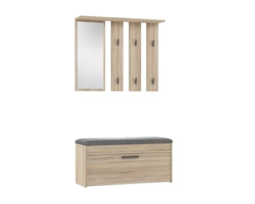 VBChome Garderobe Set 100 x 35 cm Eiche Sonoma Schuhschrank Spiegel Kleiderbügel Schuhablagen Garderobe für Jacken Mantelgarderobe Flur Modern Eiche Sonoma von VBChome