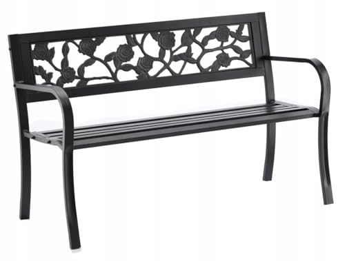 VBChome Gartenbank 120 x 53 x 77 cm Schwarz Sitzbank Trägt Max 150 kg Metall Stahl Rahmen Rose Motiv Garten Balkon Terrasse von VBChome