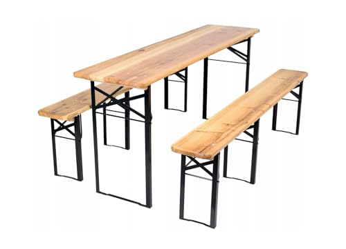 VBChome Gartenmöbel-Set Tisch 177 x 46 x 77 cm Zwei Bänke 177 x 23 x 47 cm 3 teilig Klappbar Festzeltgarnitur Bierzeltgarnitur Camping Stabil Holz Stahl von VBChome