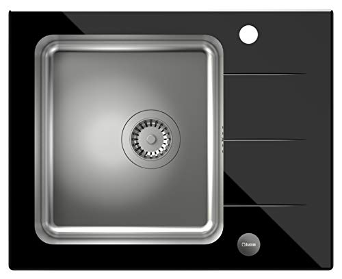 VBChome Glasspüle 62 x 50 Spülbecken schwarz Spüle Einbauspüle Glas inkl. Ablaufgarnitur gehärtetes Spüle mit Gebürstete Edelstahl Becke (F4 Spülbecken) von VBChome