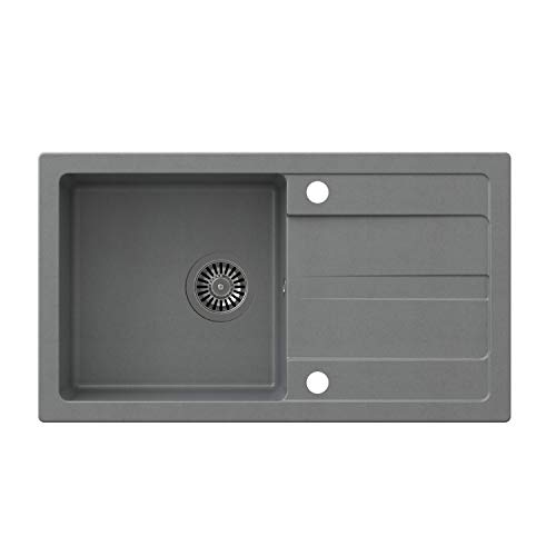 VBChome Spüle 77 x 44 cm Grau Granit Einzelbecken Einbauspüle Abtroffläche gesprenkelt reversibel Verbundspüle + Siphon Spülmittelspender von VBChome