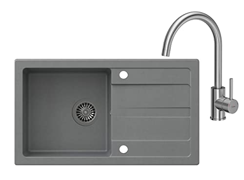 VBChome Grau 77 x 43,5 cm Granit Einzelbecken Einbauspüle Abtroffläche gesprenkelt reversibel Verbundspüle Küchenarmatur + Siphon + Spülmittelspender von VBChome