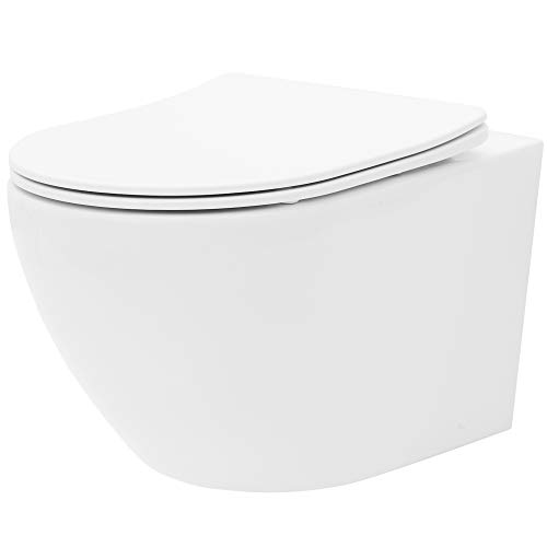 VBChome Hänge-WC Spülrandloses aus Keramik mit Toilettendeckel WC-Sitz aus Duroplast Absenkautomatik Rimless SoftClose-Funktion Tiefspüler Toilette Wand WC Wand-WC-Set von VBChome