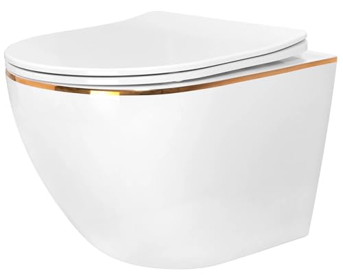VBChome Hänge-WC Spülrandloses aus Keramik mit Toilettendeckel WC-Sitz aus Duroplast Absenkautomatik Rimless SoftClose-Funktion Tiefspüler Toilette Weiß Gold Edge Rechteckige Form Wand WC VBChome Hänge-WC Spülrandloses aus Keramik mit Toilettendeckel WC-Sitz aus Duroplast Absenkautomatik Rimless SoftClose-Funktion Tiefspüler Toilette Weiß Gold Edge Rechteckige Form Wand WC von VBChome
