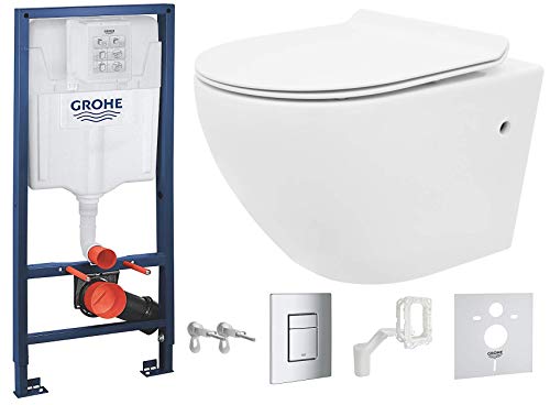VBChome Hänge WC spülrandlos Grohe Rapid SL Set für Wand-WC Toilette inkl. softclose wc Sitz absenkautomatik Deckel aus Duroplast Wandhalter Betätigungsplatte in chrom und Grohe-Fresh (GCARS) von VBChome