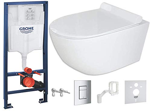 VBChome Hänge WC spülrandlos Grohe Rapid SL Set für Wand-WC Toilette inkl. softclose wc Sitz absenkautomatik Deckel aus Duroplast Wandhalter Betätigungsplatte in chrom und Grohe-Fresh (GCART) von VBChome