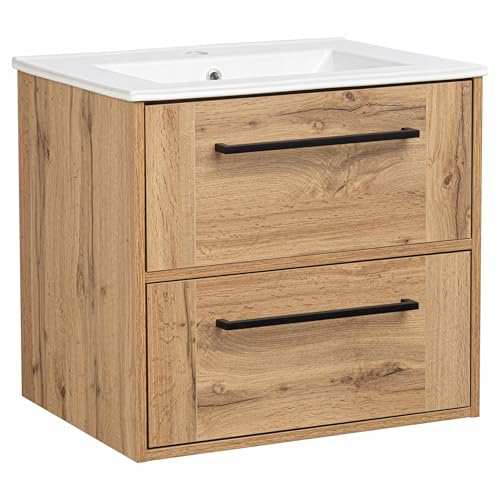 VBChome Hängeschrank 61x56x47 cm Eiche Wotan mit Keramikwaschtisch – Moderne Badmöbel mit Soft-Close-System und Metallgriffen von VBChome