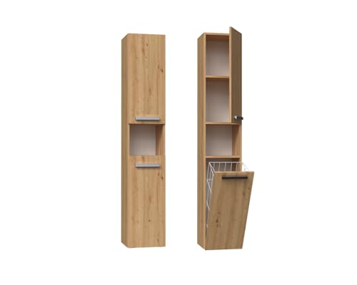 VBChome Hochschrank 30 x 31 x 174 cm Artisan Standschrank 2 Türen 3 Fächer 1 Badezimmerkorb Wäschekorb Badschrank Badmöbel Badezimmerschrank Badregal Artisan mit 1 offenem Fach von VBChome