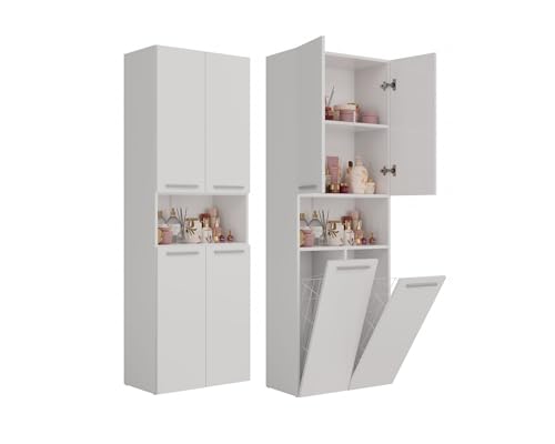 VBChome Hochschrank 60 x 30 x 174 cm Weiß Standschrank 4 Türen 3 Fächer 2 Badezimmerkorb Wäschekorb Badschrank Badmöbel Standschrank Badezimmerschrank Badregal Weiß mit 1 offenem Fach von VBChome