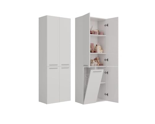 VBChome Hochschrank 60 x 30 x 174 cm Weiß Standschrank 4 Türen 5 Fächer 1 Badezimmerkorb Wäschekorb Badschrank Badmöbel Standschrank Badezimmerschrank Badregal Weiß von VBChome